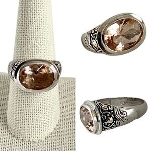 Silver .925 Engraved Champagne Cubic Zirconia Gold Tone Stud Accents Size 8.5